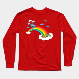 Cute Kawaii Kitty Cat Parachute On A Rainbow Long Sleeve T-Shirt